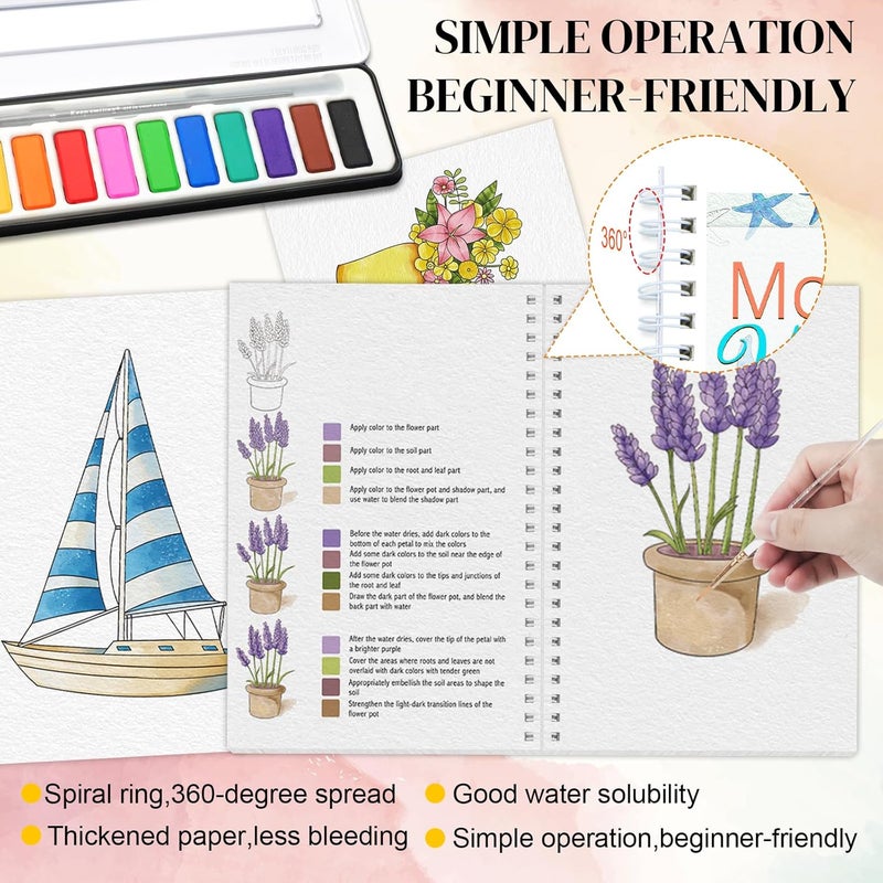apolyone Watercolor Workbooks- 2 Pack Beginner Workbooks with 24 Coloring Book Pages - 12 Color blocks and a Brush - Watercolor Paper 300gsm/140lb - Gift for Women, Adults, Beginners (Bouquet & Seaside) - Image 2